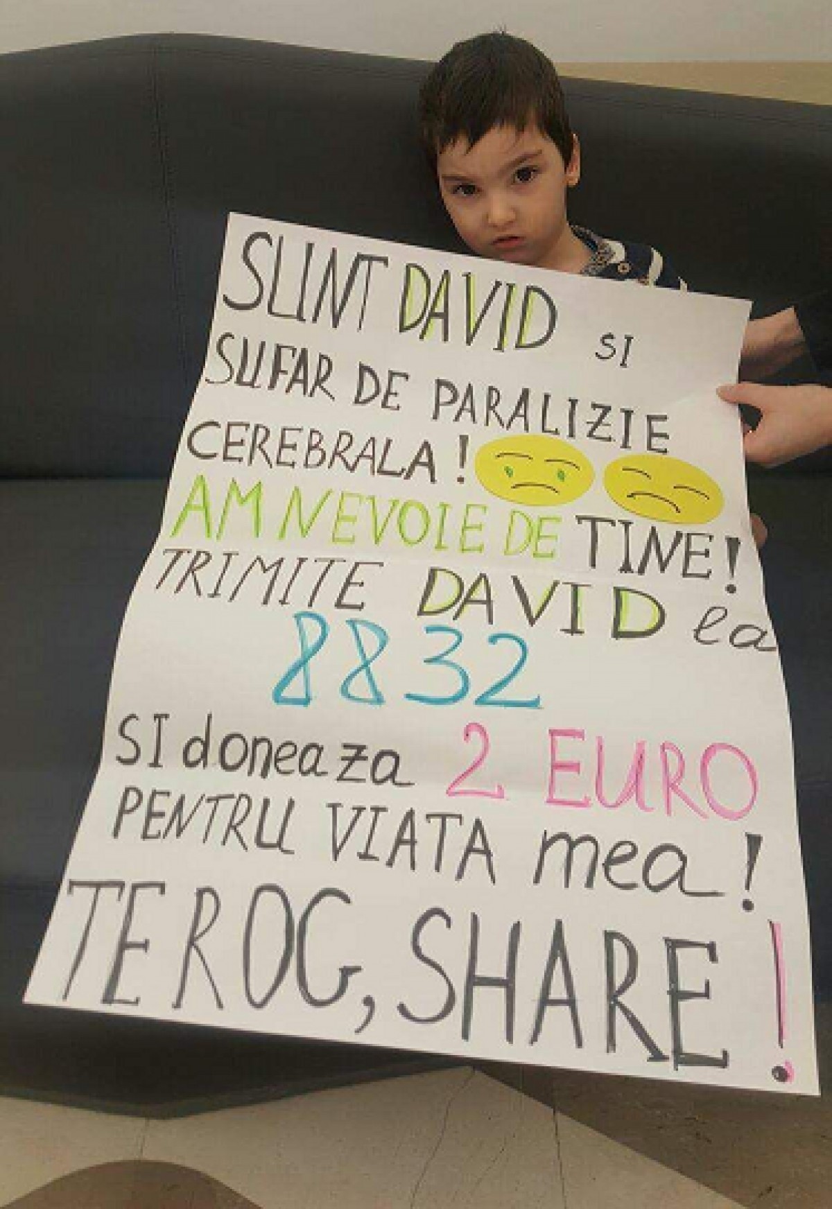 Un diagnostic crunt, o speranță puternică. Un SMS cu textul „David” la 8832 îi poate oferi un viitor mai bun!