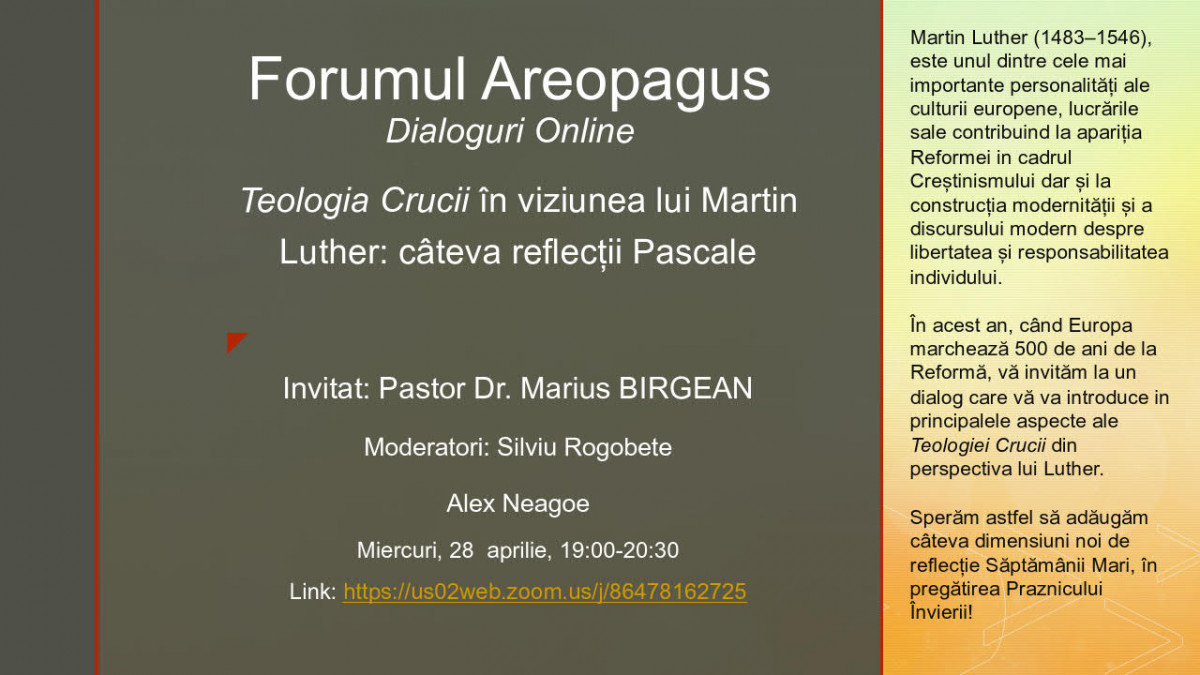 Teologia Crucii în viziunea lui Martin Luther: câteva reflecții Pascale (eveniment online)