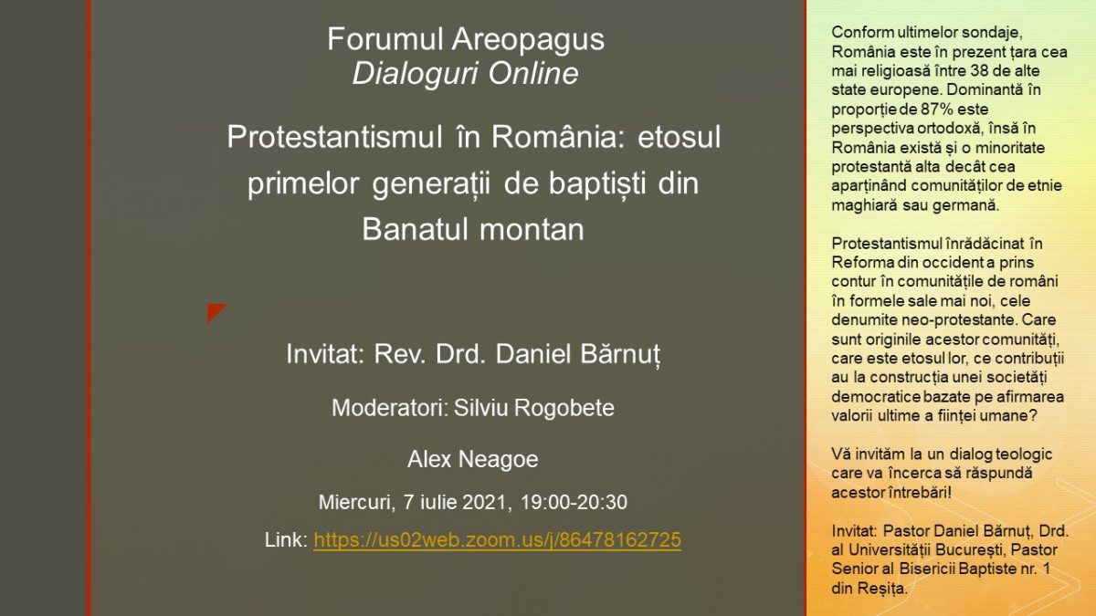 Protestantismul în România: etosul primelor generații de baptiști din Banatul montan (eveniment online)