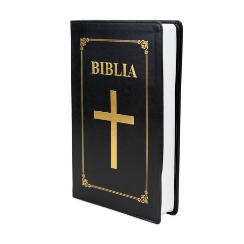 Biblia economica, marime mare, coperta piele ecologica, neagra, simbol cruce, cuvintele lui Isus cu rosu