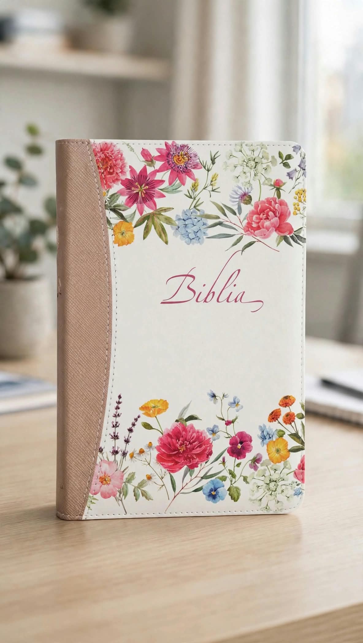 Biblia mărime medie, piele ecologică, model alb cu roz deschis floral, fermoar, index, margini albe, cuv. lui Isus cu roșu